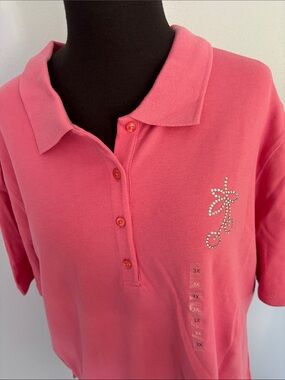 Liz Claiborne Pink Rhinestone cherry Monogram Polo Shirt 3x
